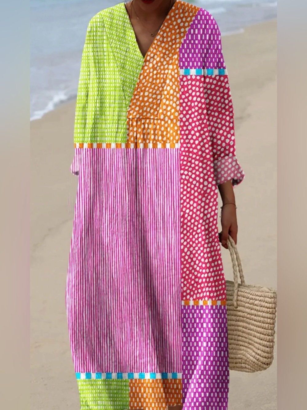 Women's Bright Dots & Stripes Midi Kaftan Long Sleeve Dress-Size Large, Like 🆕!